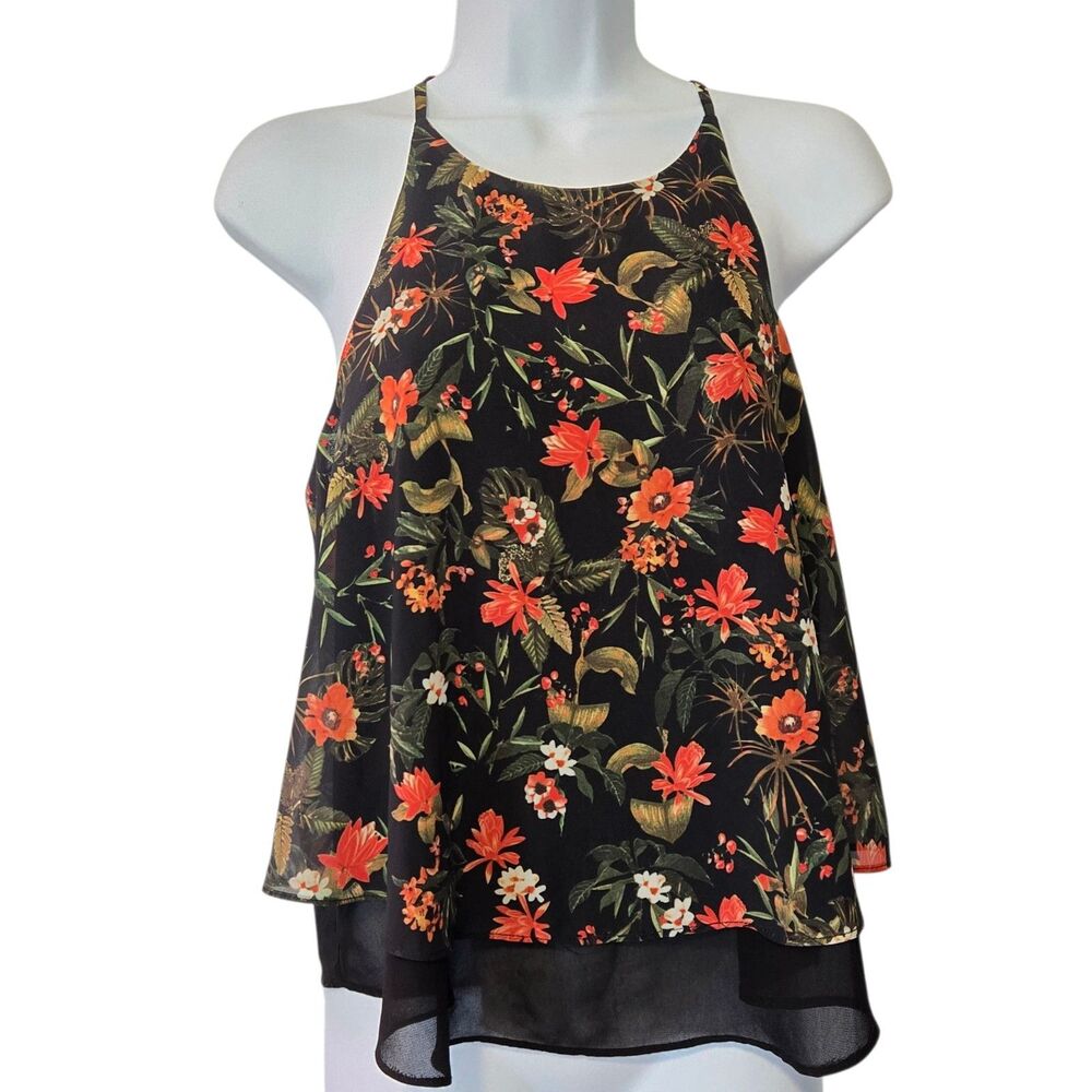 Black Floral Sheer Hem Cami‎ Tank Top Women's Small Spaghetti Strap Flowy Boho